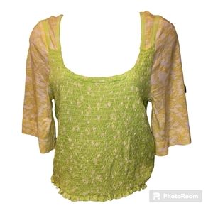 Free People Marigold L Women's Stretch Crop Top Blouse Green with Yellow NWT